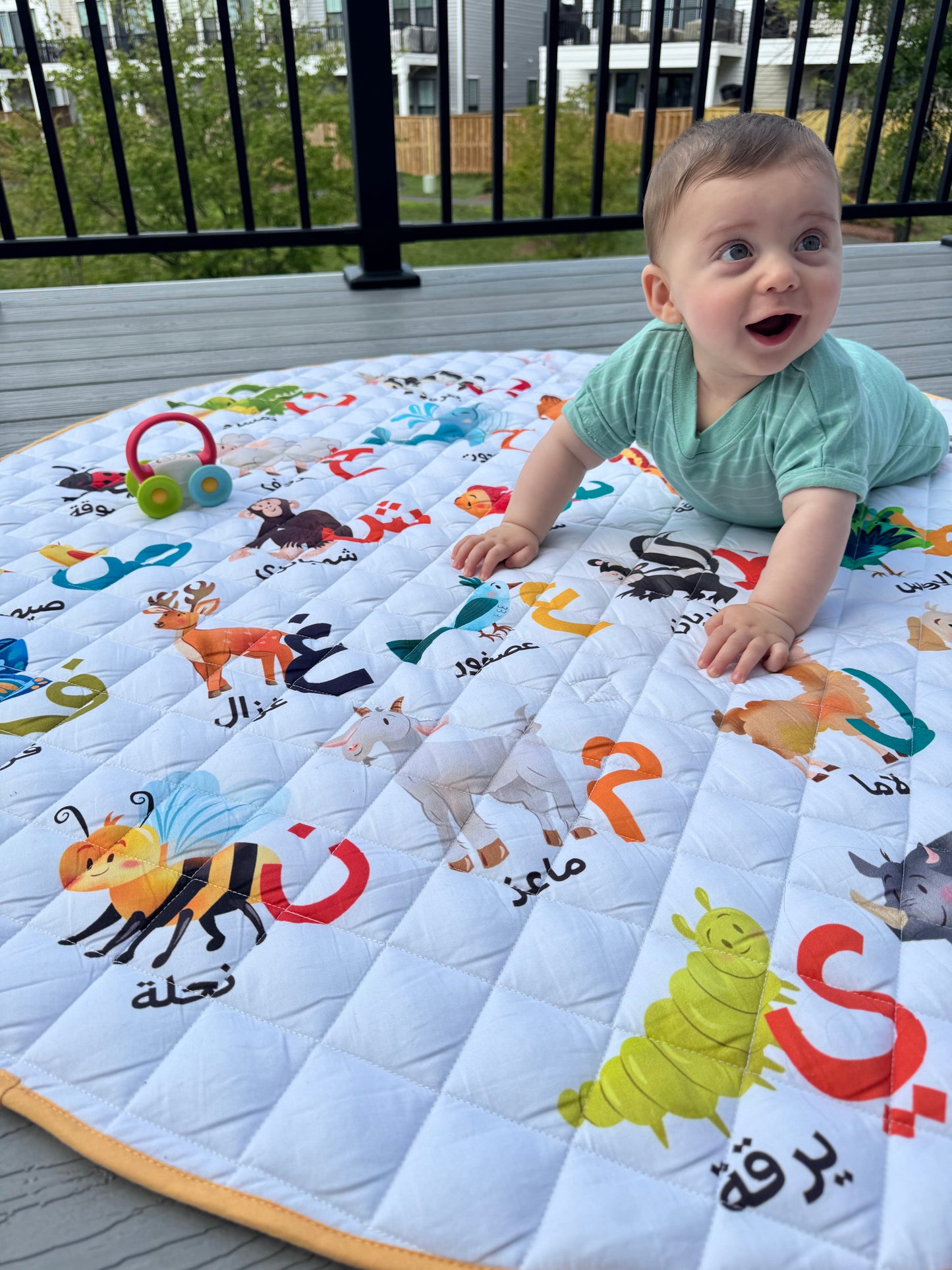 Baby on a colorful play mat with animals and letters, outdoors.