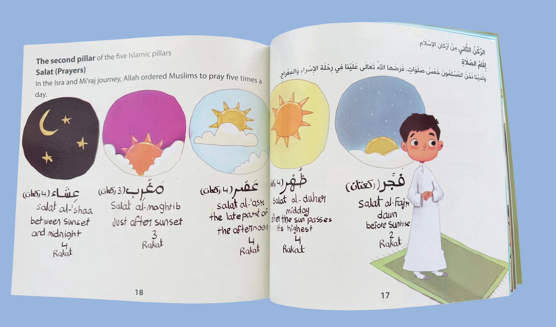 Open book showing illustrations and text about the five pillars of Islam, with a focus on Salah.