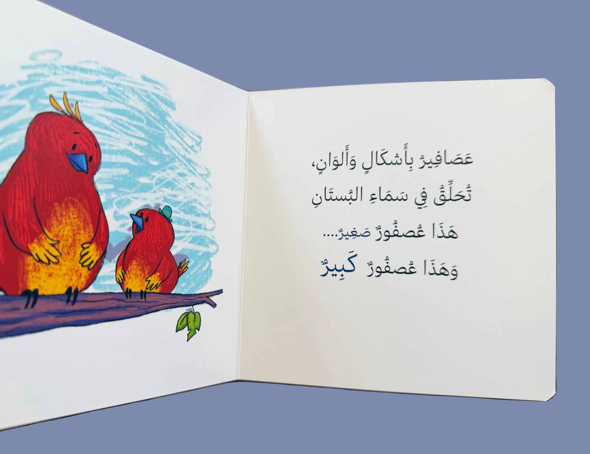 Open book with colorful illustration of two birds on a branch and Arabic text.